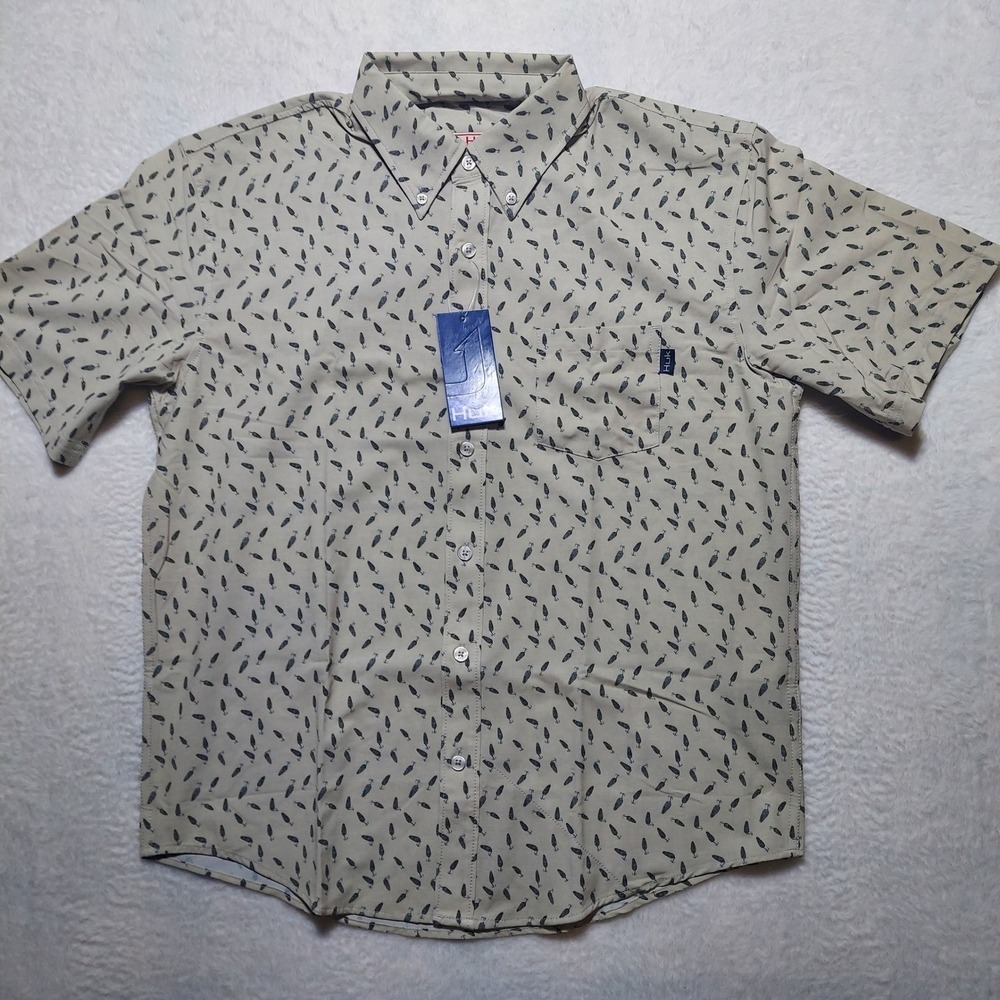 Huk Kona Lure Splash Fishing Shirt Mens Small Gray NWT Short Sleeve Button Down